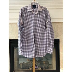 Faconnable Men’s Purple and White Gingham Plaid Formal Casual Long Sleeve Collar